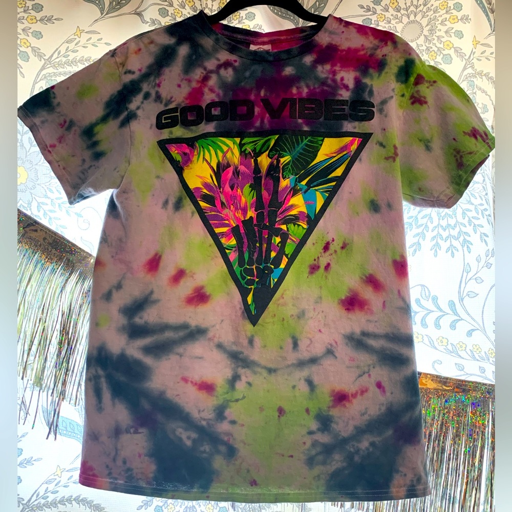 GOOD VIBES bright, upcycled, hand tie dyed tshirt.